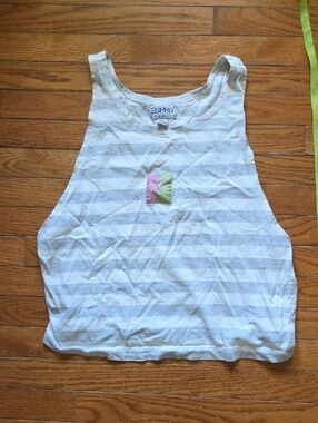 Esprit Retro White And Gray Striped Tank With Pastel Logo